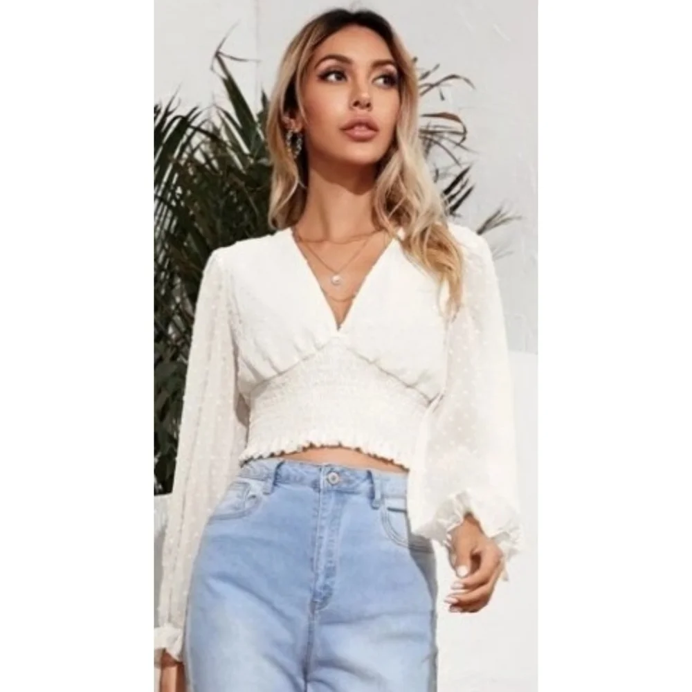 Shein Swiss Dot Shirred Crop top White Size XS